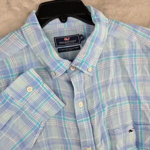 Vineyard Vines Linen Tucker Shirt Plaid Button Down Light Blue XL‎